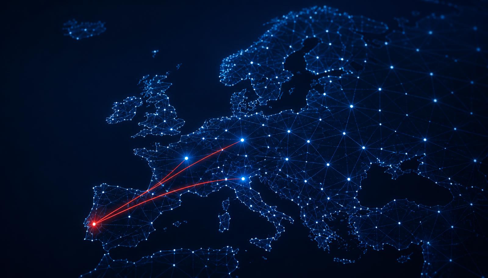 Mapa da Europa formado por pontos e rotas digitais ligando Portugal a outros mercados